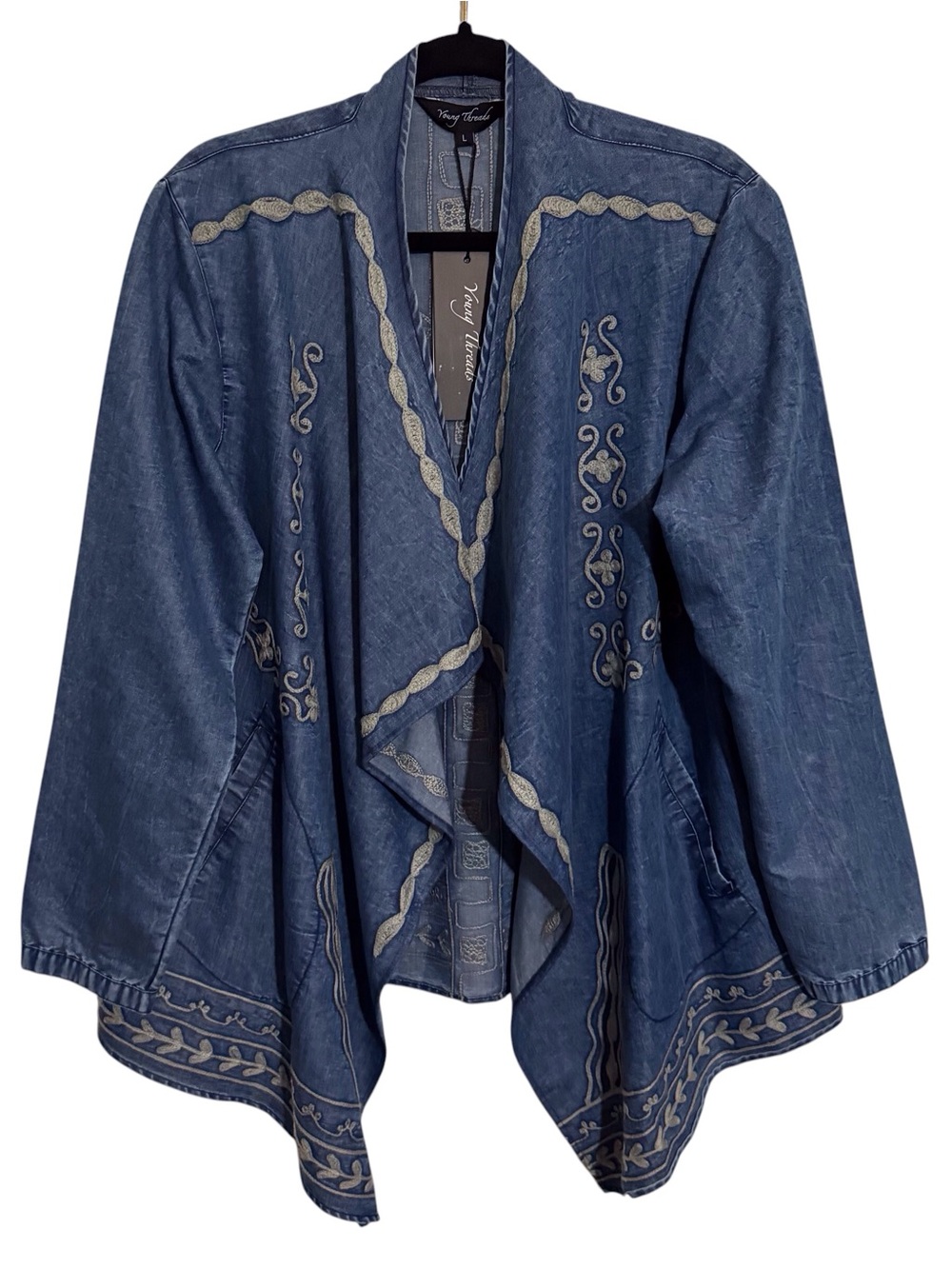 Young Threads NWT Size Large Chambray Embroidered Kimono Top Boho Western Cotton